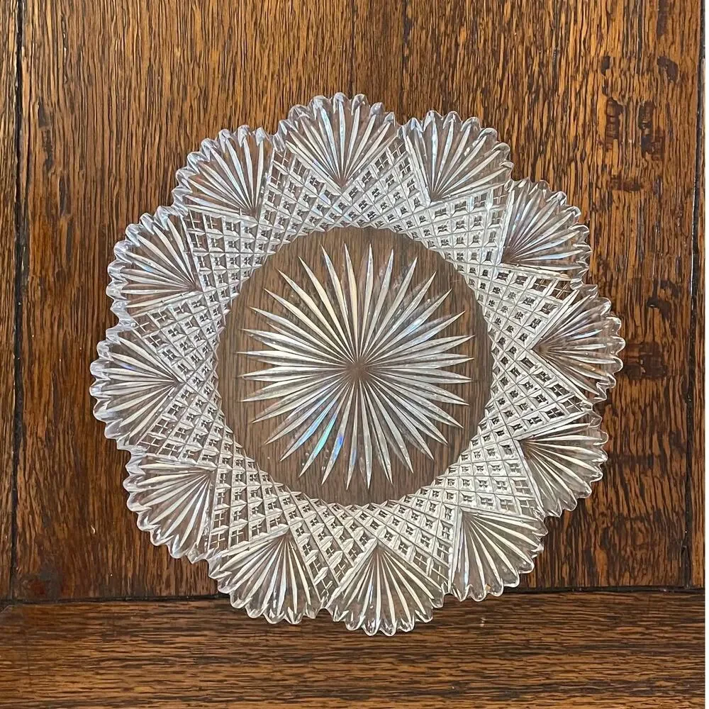 Vintage Etched Crystal Bowl and Plate, Sawtooth Scalloped Edge, Set of 2